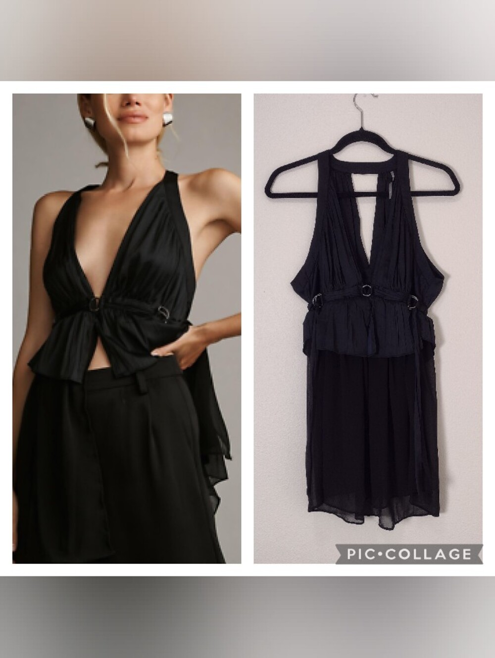 Anthropologie Satin Sheer Layered Flowy Split Front Flyaway Top Black Size S